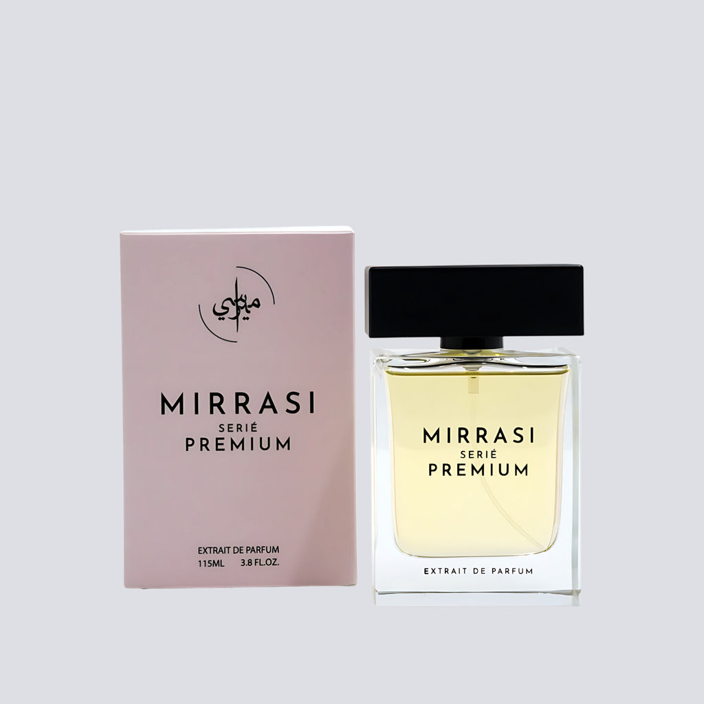 Mirrasi Serie Premium perfume bottle and packaging on a light gray background