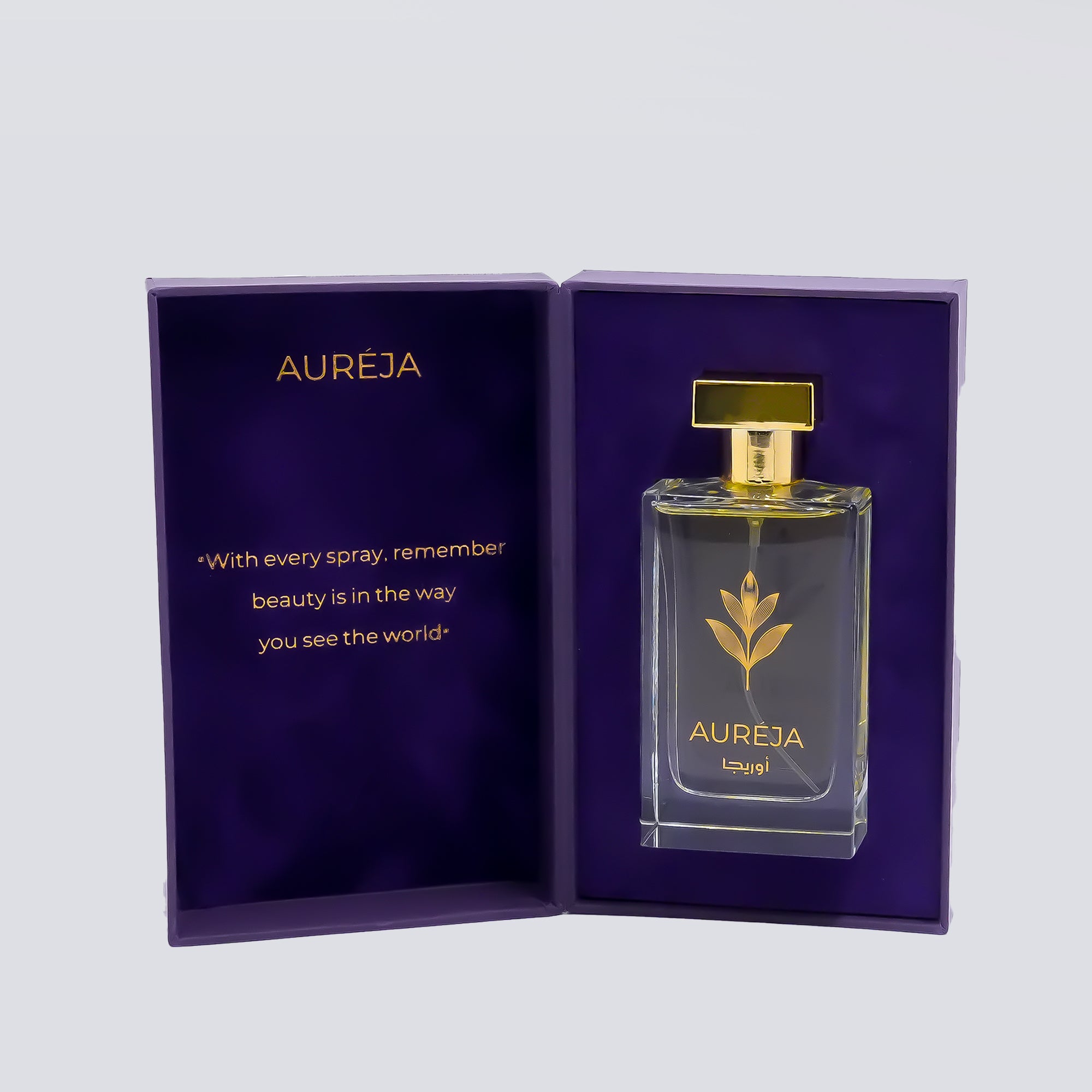 Aureja perfume bottle with purple packaging on a light gray background