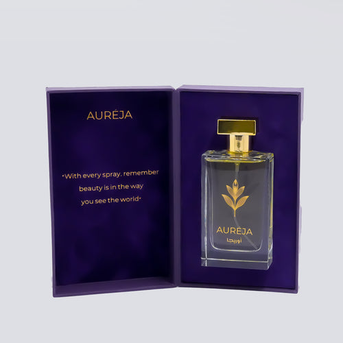 Aureja perfume bottle with purple packaging on a light gray background