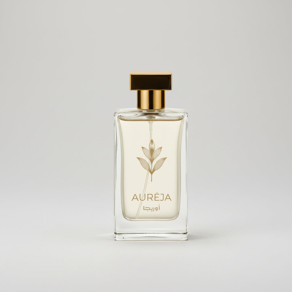 Perfume bottle labeled 'Aurea' on a light gray background