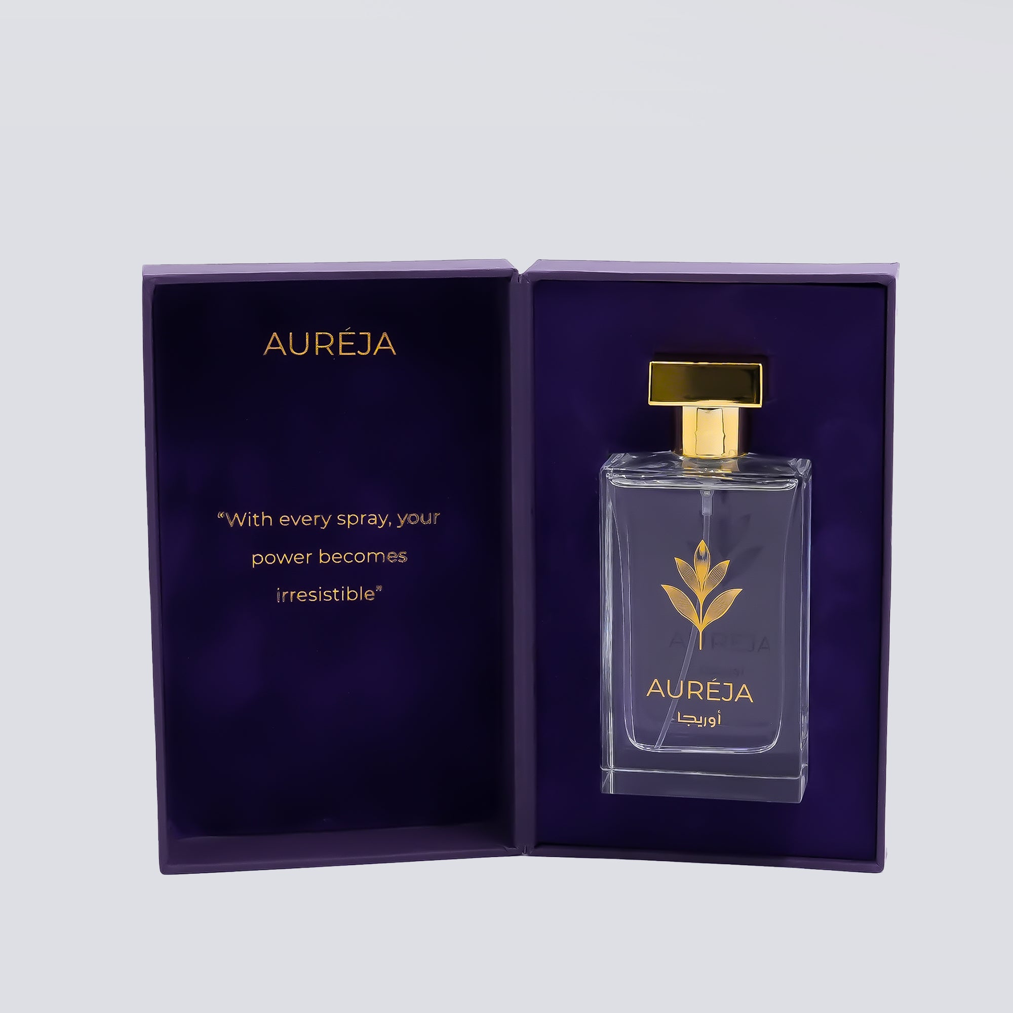Aureja perfume bottle with purple packaging on a light gray background