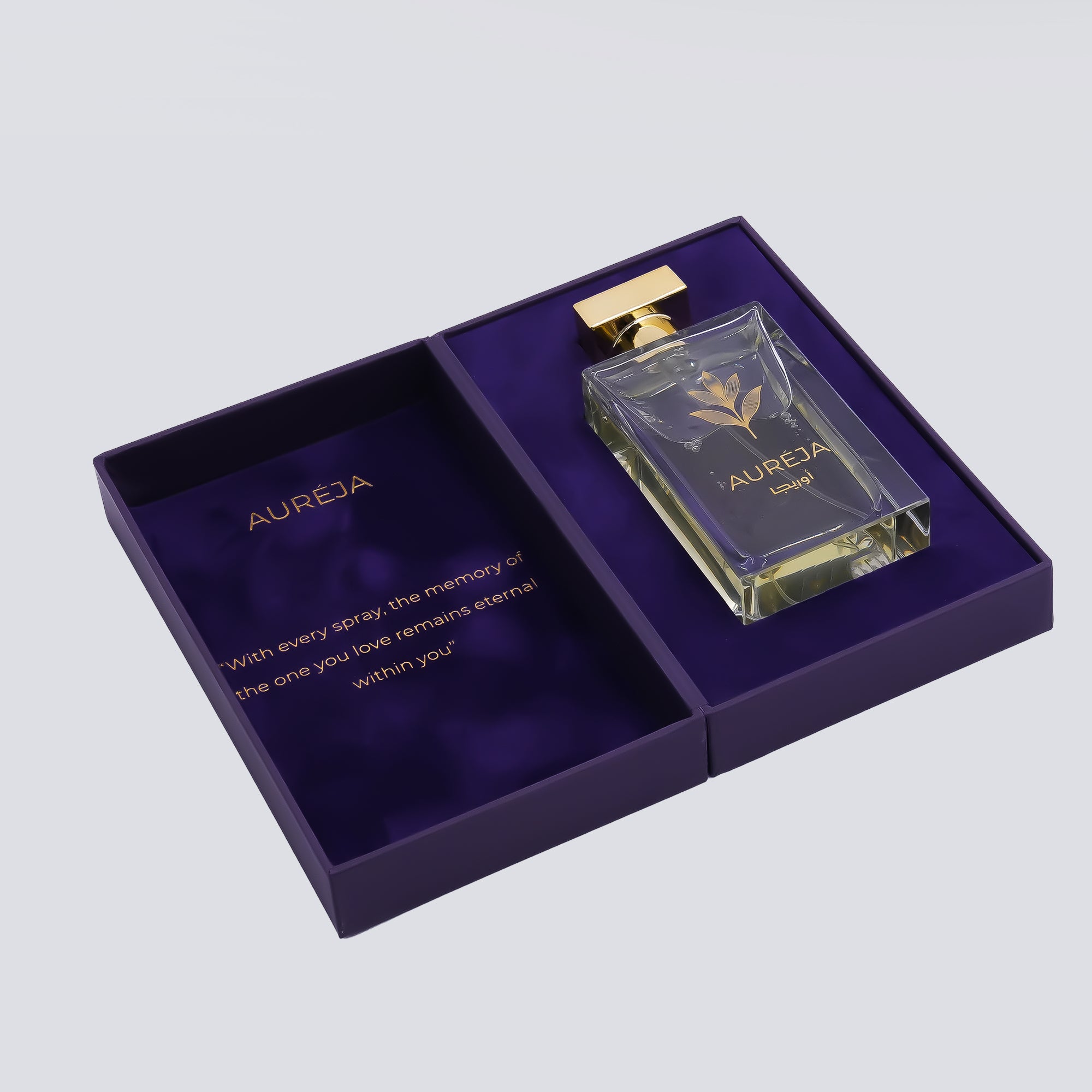 Perfume bottle labeled 'Aureja' on a light gray background