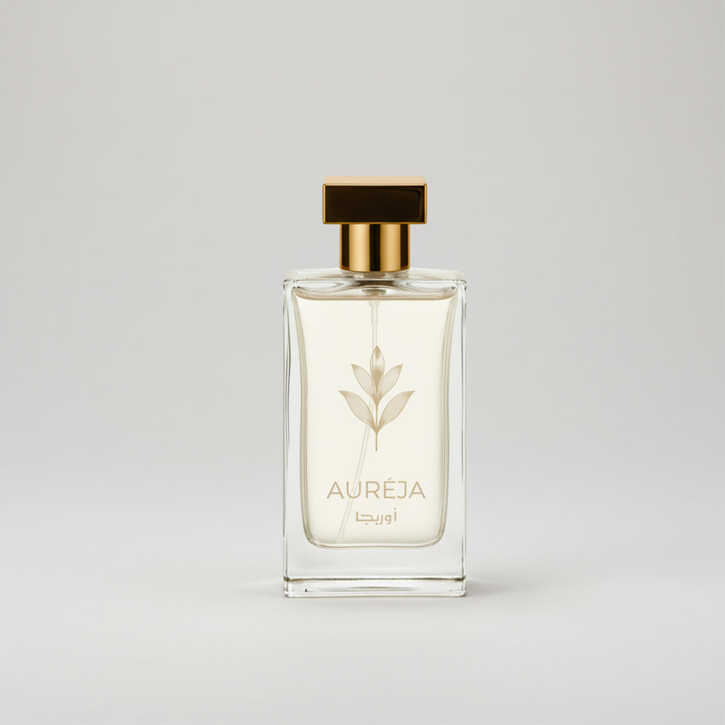 Perfume bottle labeled 'Aureja' on a light gray background