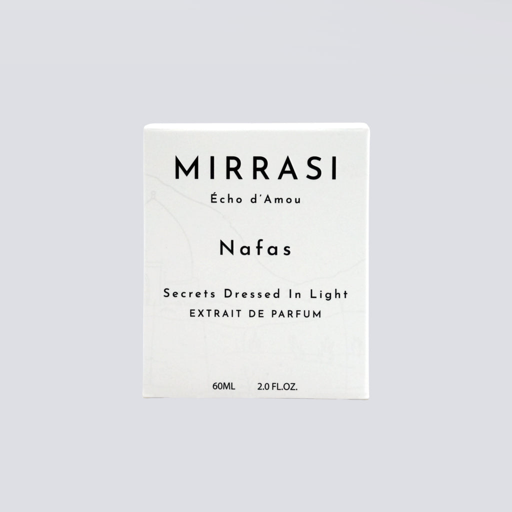 Mirrasi Nafas perfume packaging on a light gray background