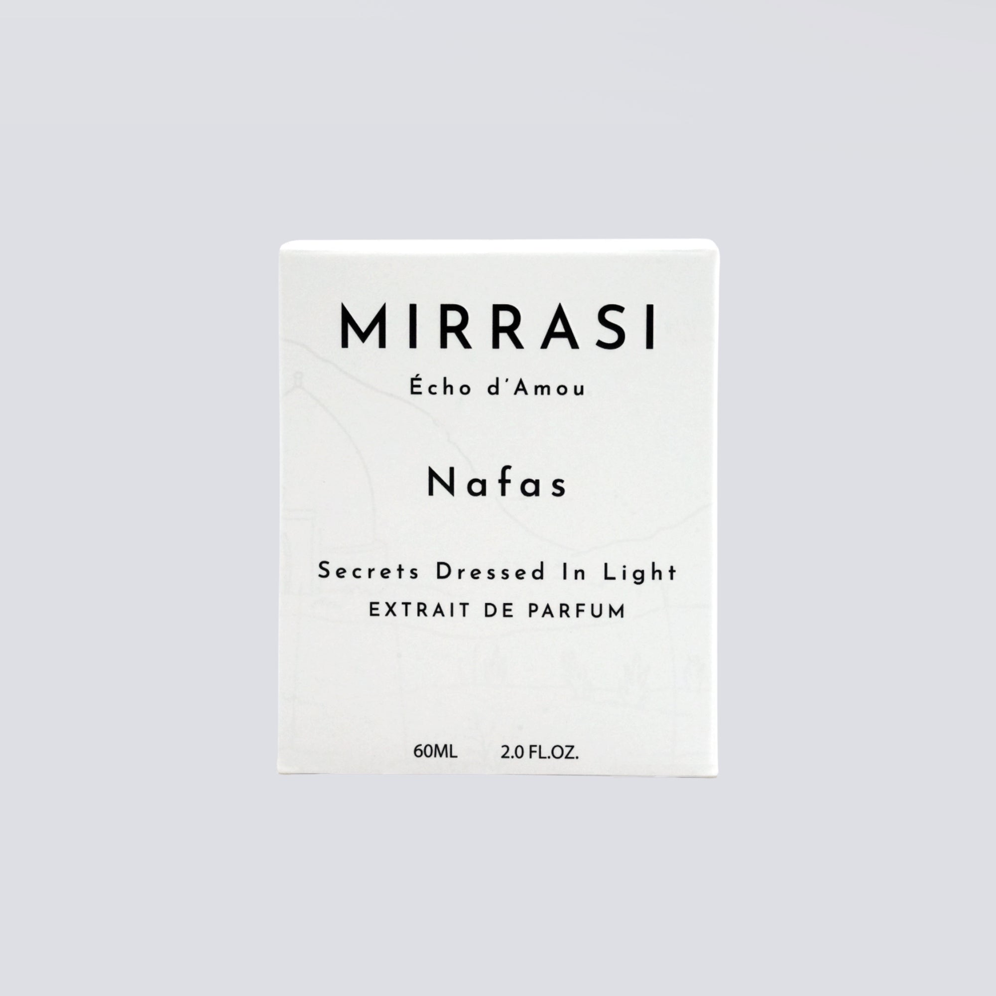 Mirrasi Nafas perfume packaging on a light gray background