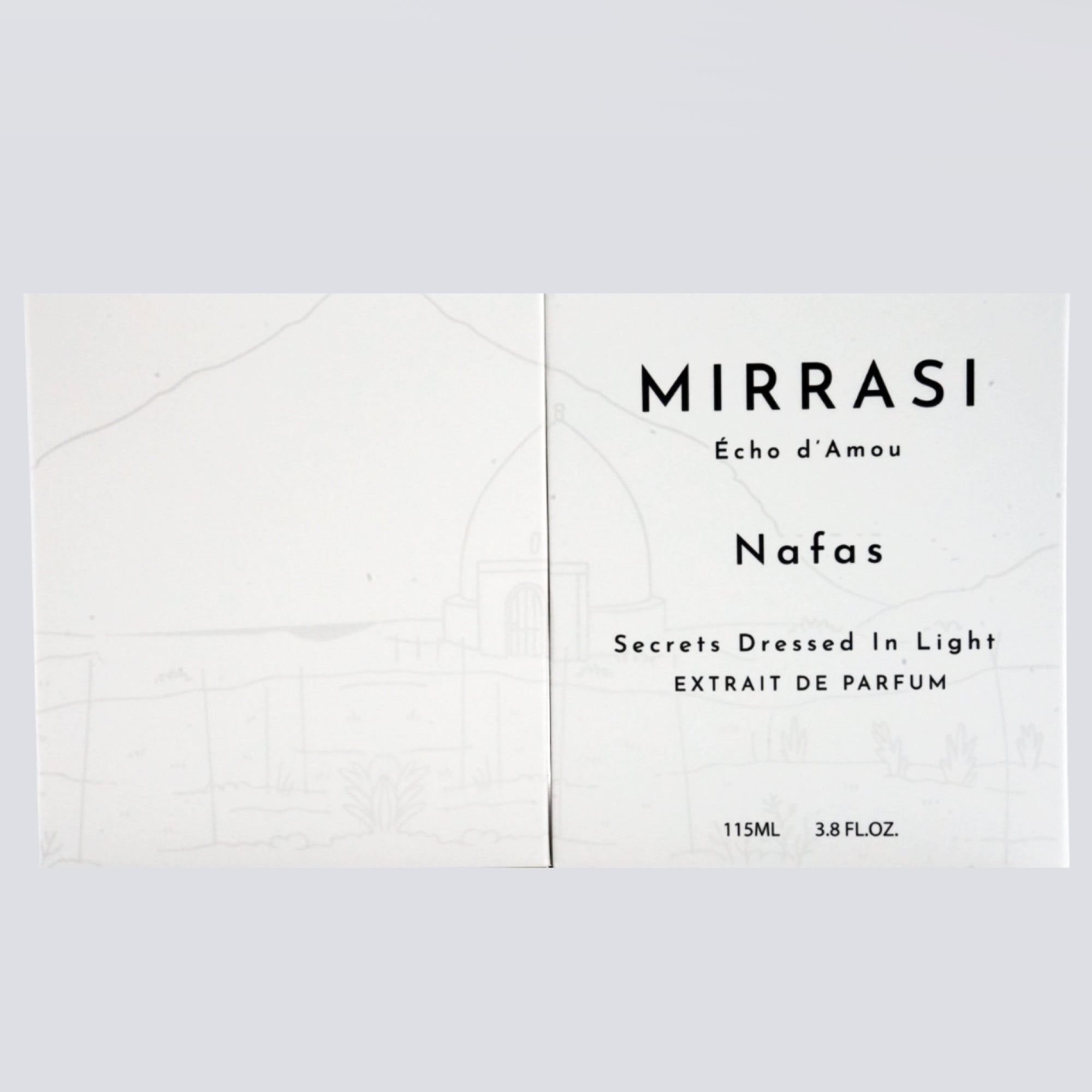 Mirrasi perfume packaging with text on a light gray background