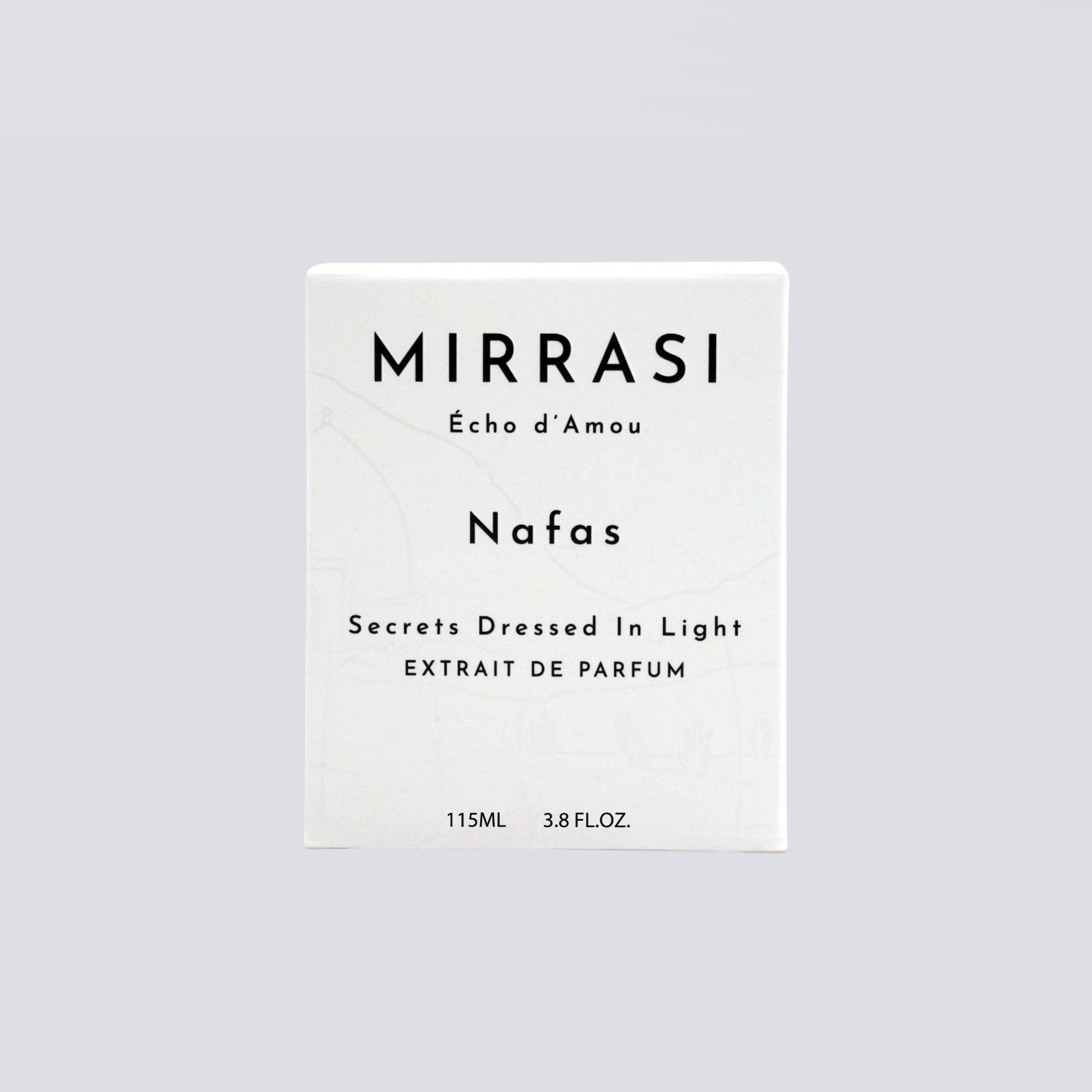 Mirrasi Nafas perfume packaging on a light gray background