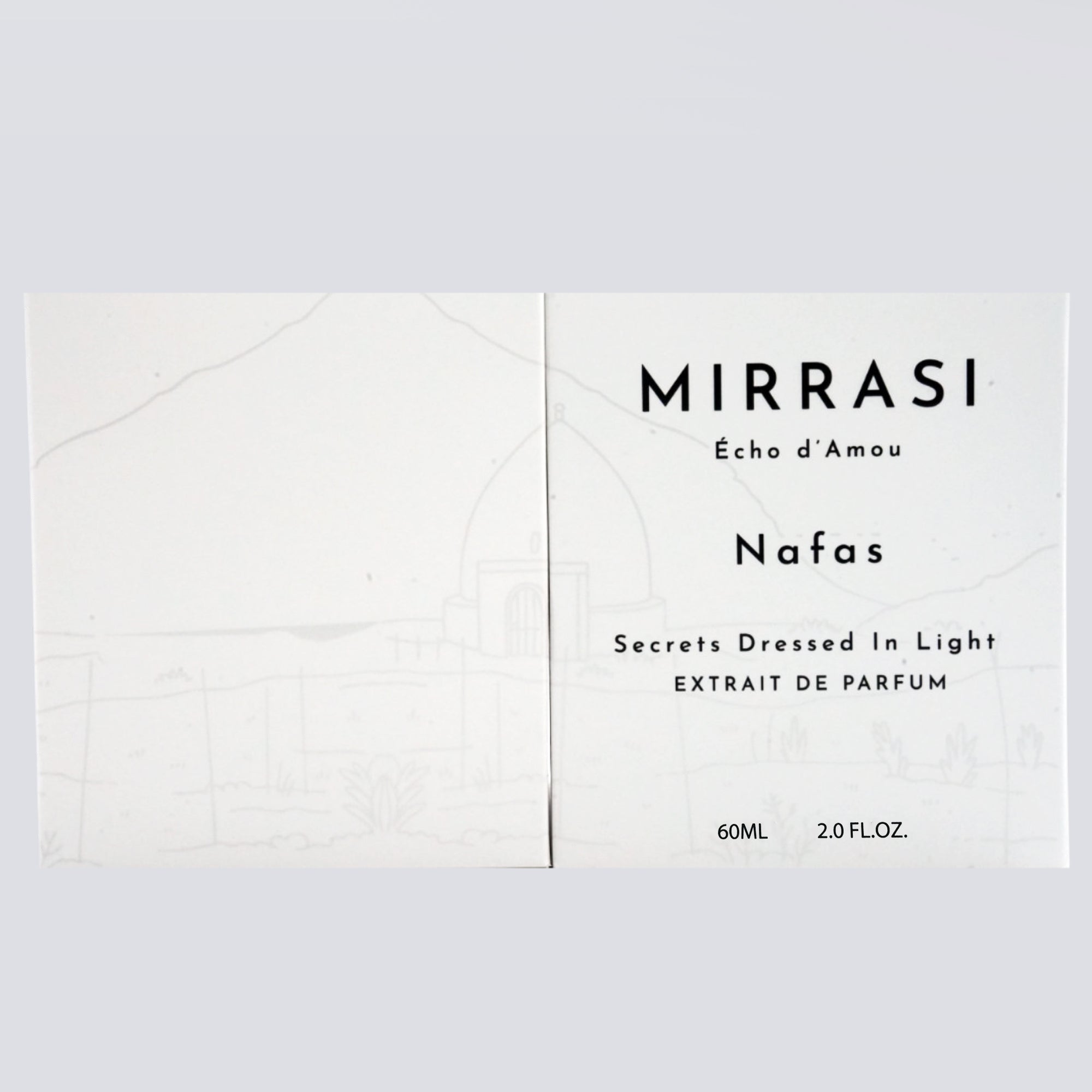 Mirrasi perfume packaging with text on a light gray background