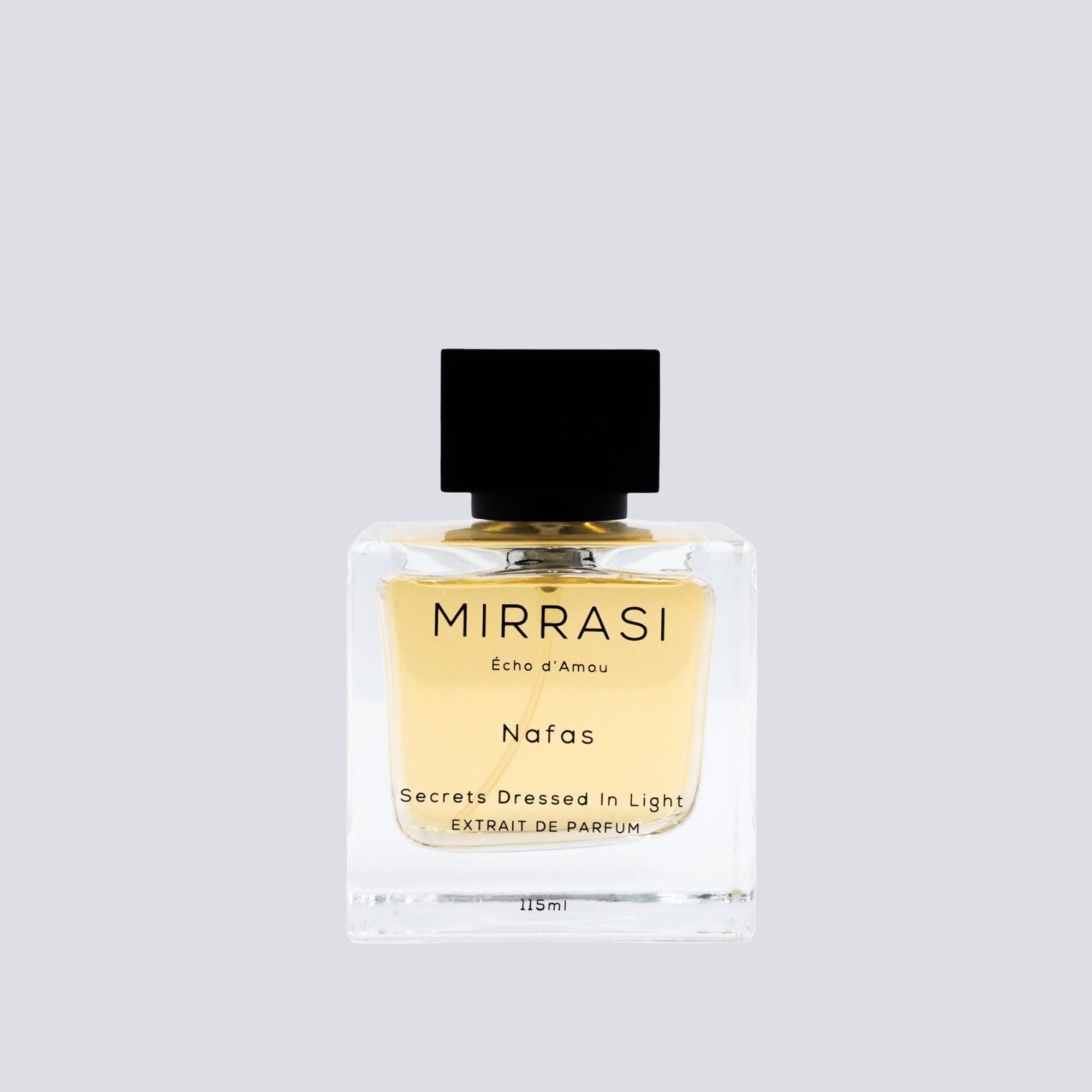 Mirrasi perfume bottle on a light gray background