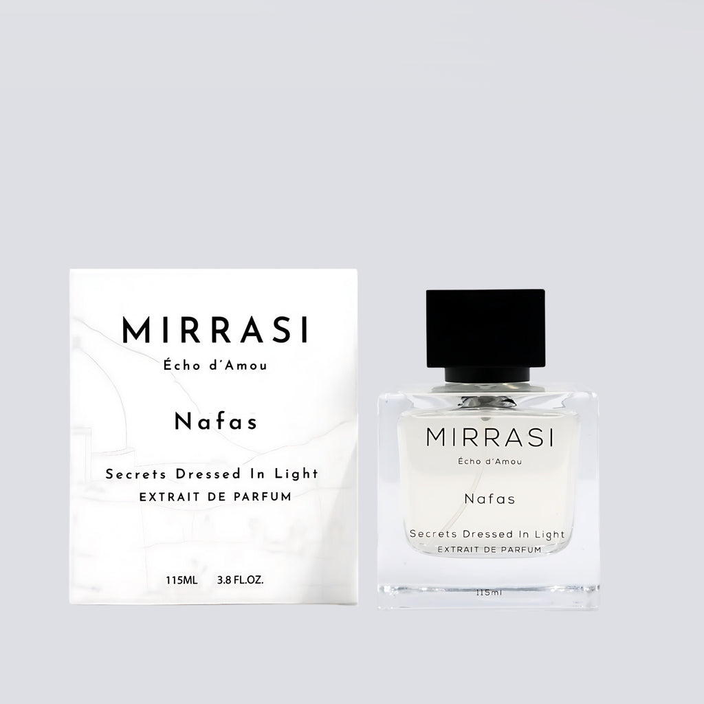 Mirrasi Nafas perfume bottle and packaging on a light gray background