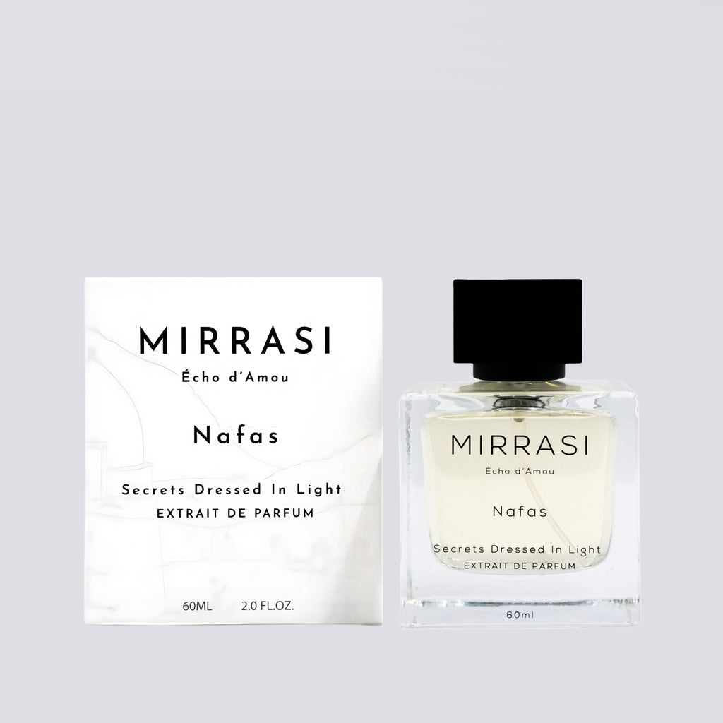 Mirrasi Nafas perfume bottle and packaging on a light gray background