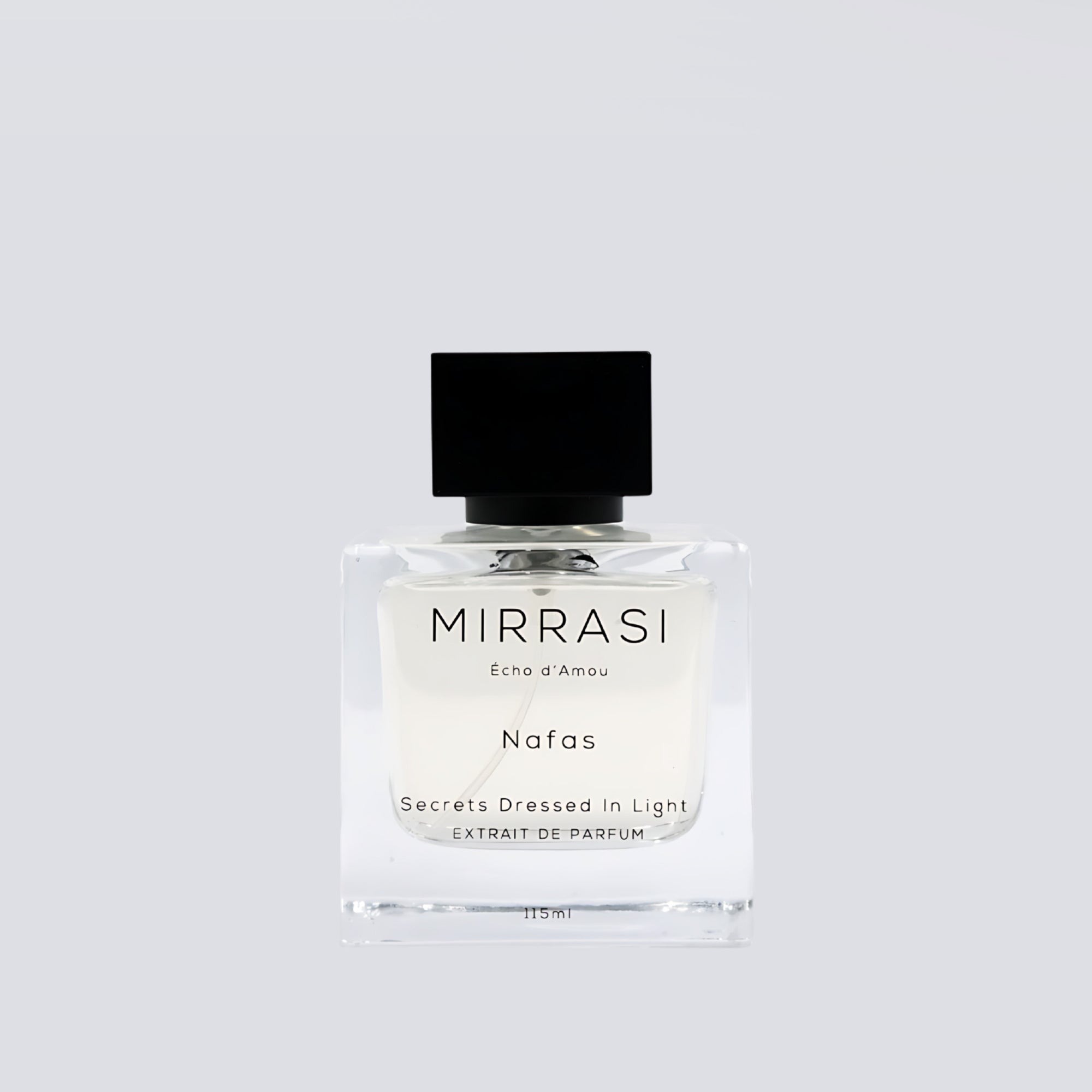 Mirrasi Nafas perfume bottle on a light background