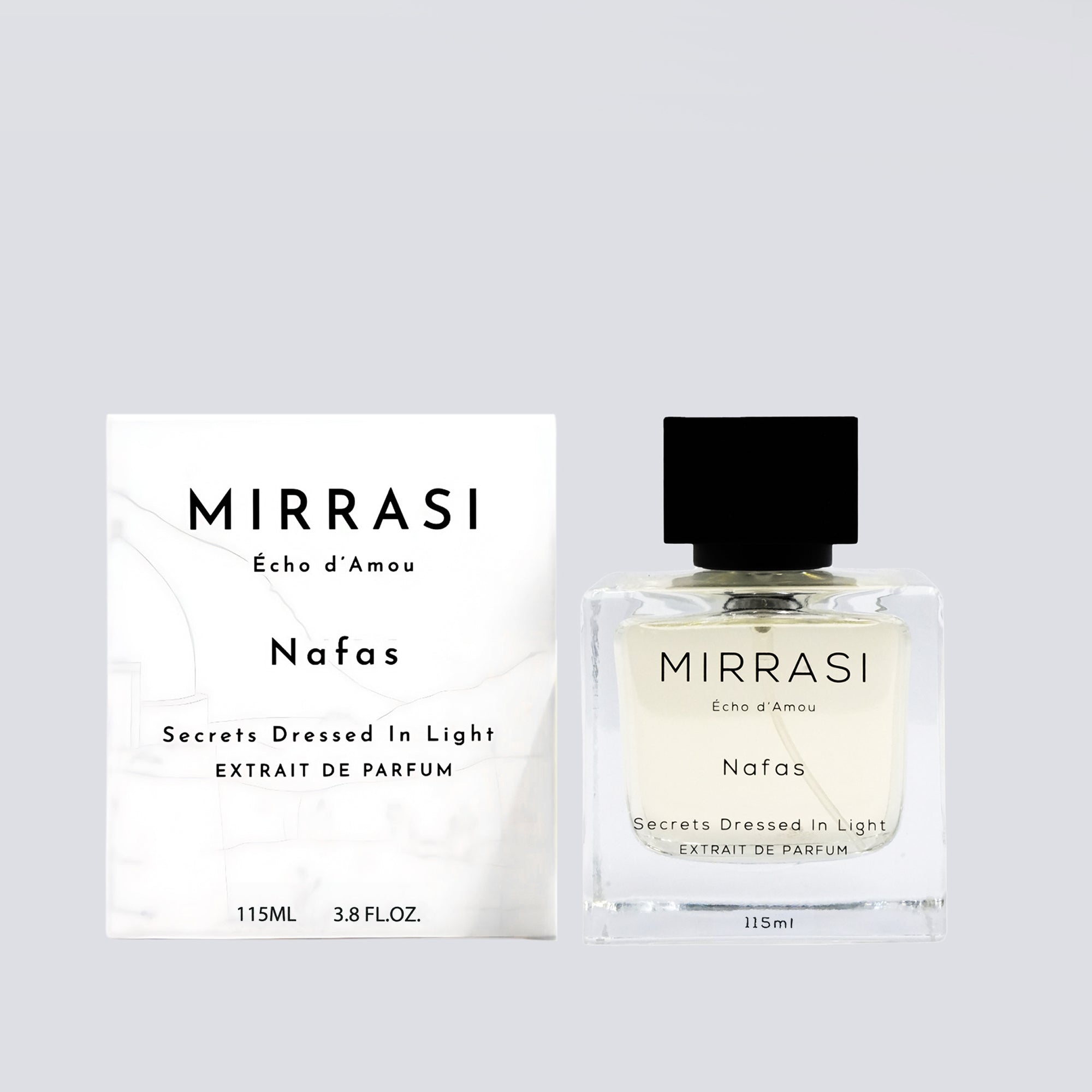 Mirrasi Nafas MN-5 Extrait De Parfum – Unisex fragrance available in 60ML and 115ML – bottle and packaging – Aureja.ae