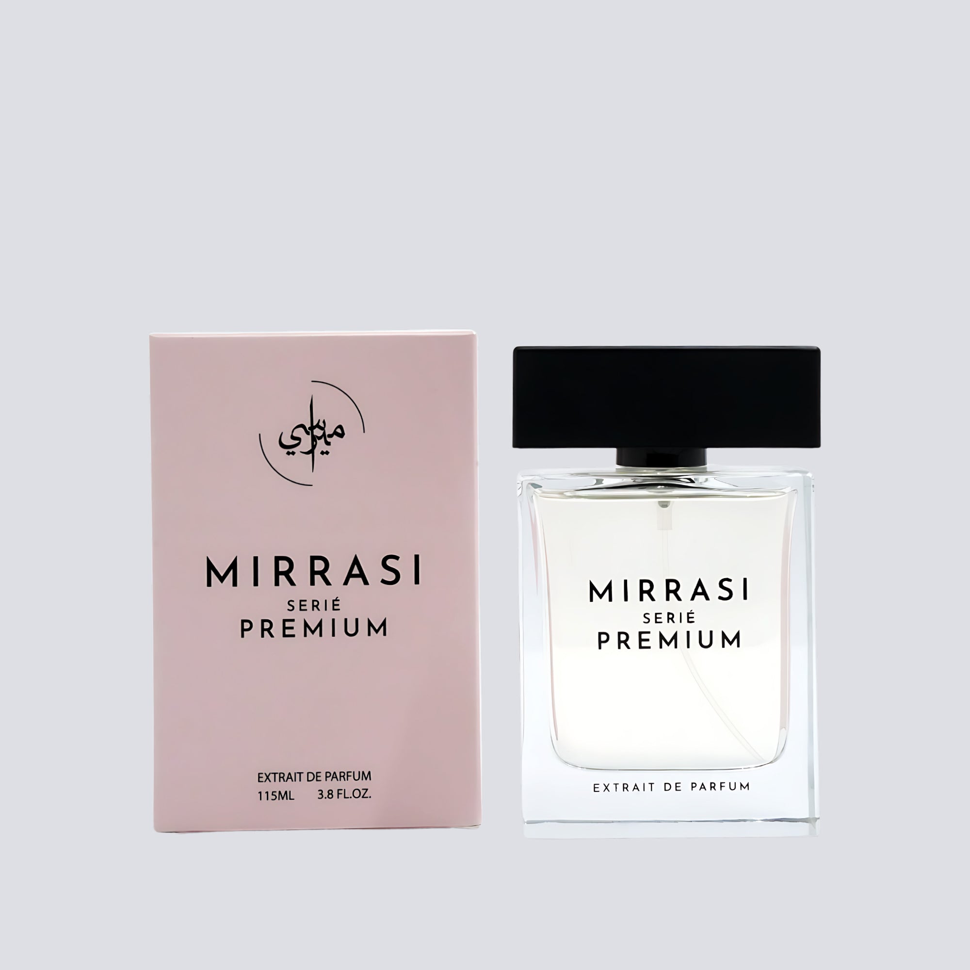 Mirrasi Serie Premium perfume bottle and packaging on a light gray background