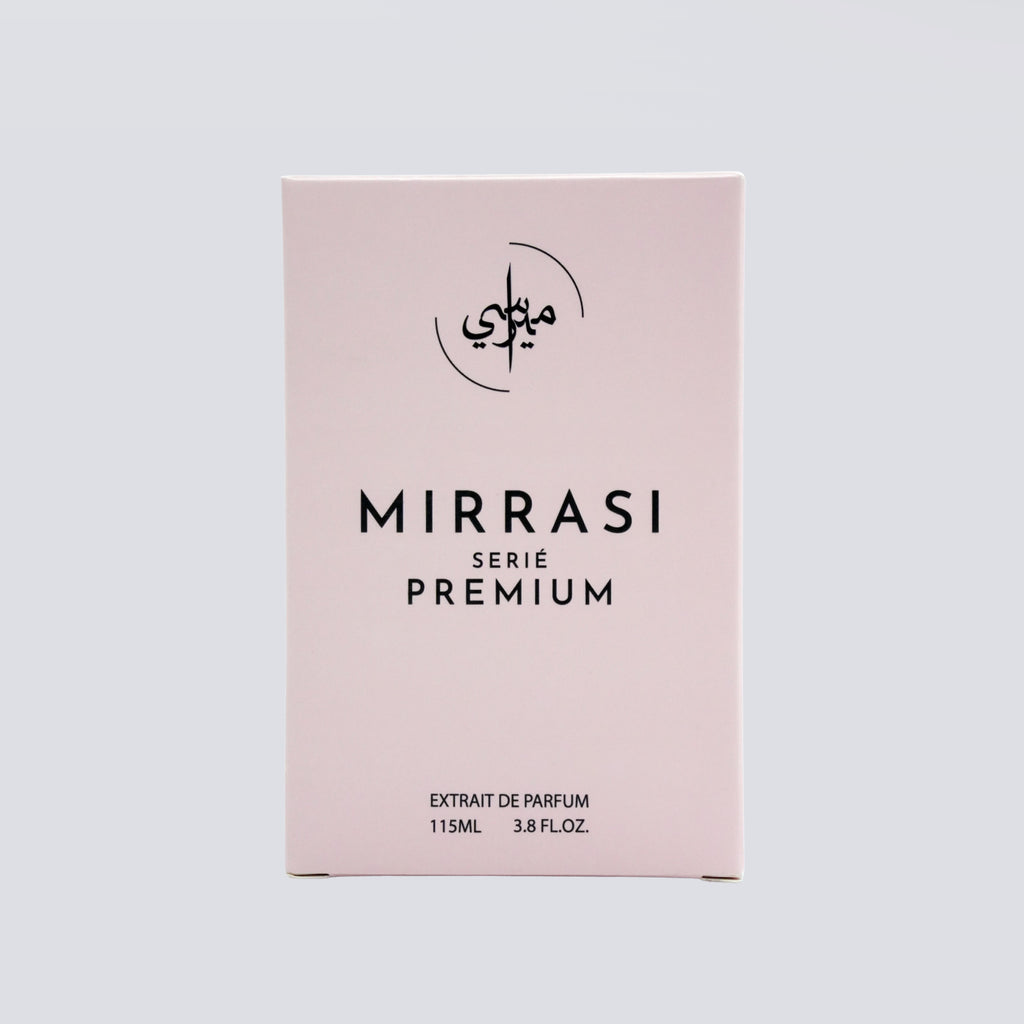 Pink box of Mirrasi Serie Premium perfume extract on a light gray background