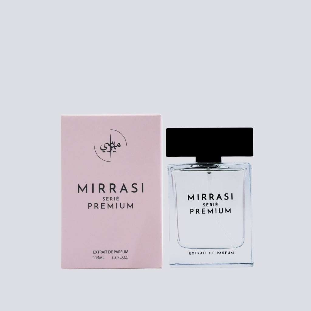 Mirrasi Serie Premium perfume bottle and packaging on a light gray background