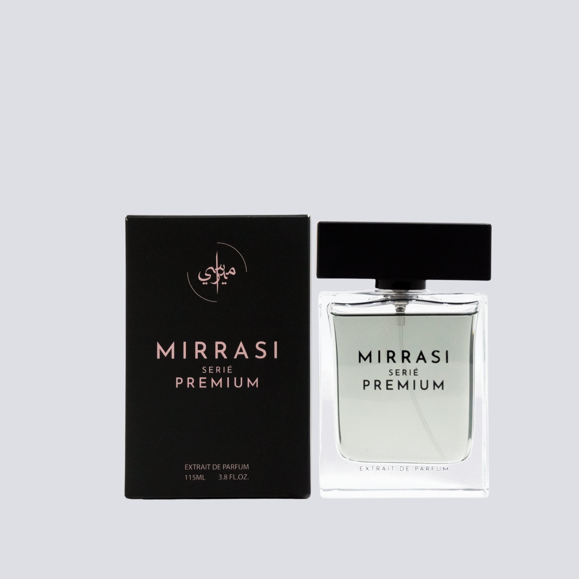 Mirrasi Serie Premium perfume bottle and packaging on a light gray background