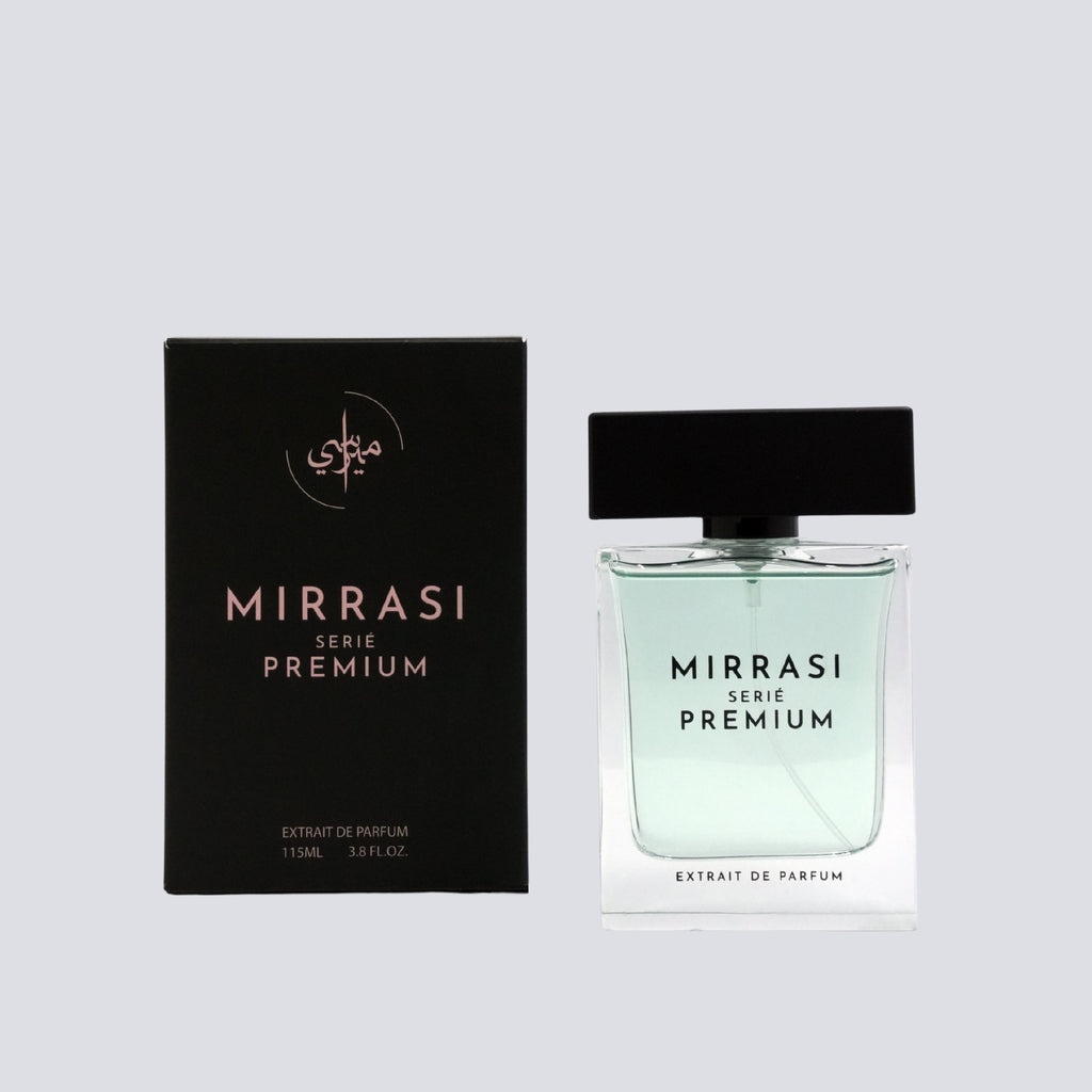 Mirrasi Serie Premium perfume bottle and packaging on a light gray background
