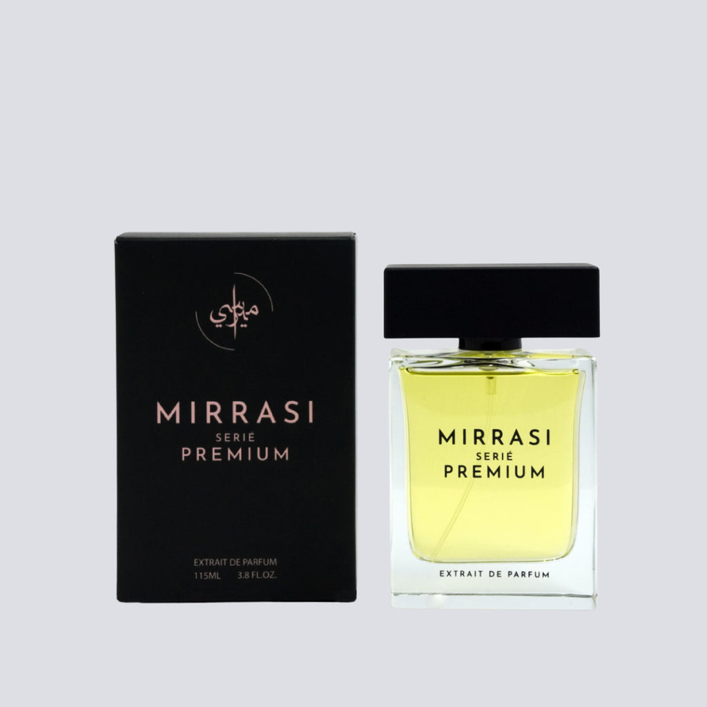 Mirrasi Serie Premium perfume bottle and packaging on a light gray background