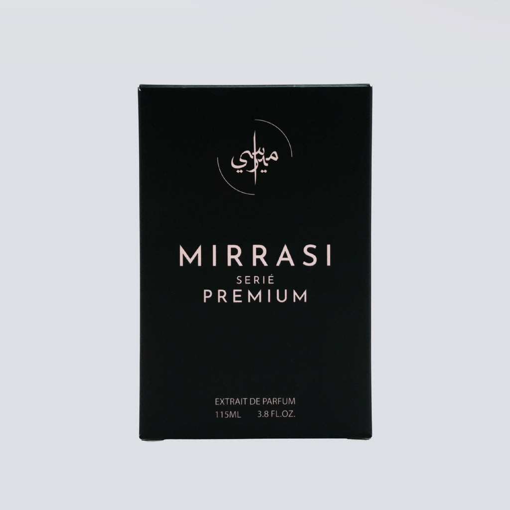 Black box of Mirrasi Serie Premium perfume extract on a light gray background