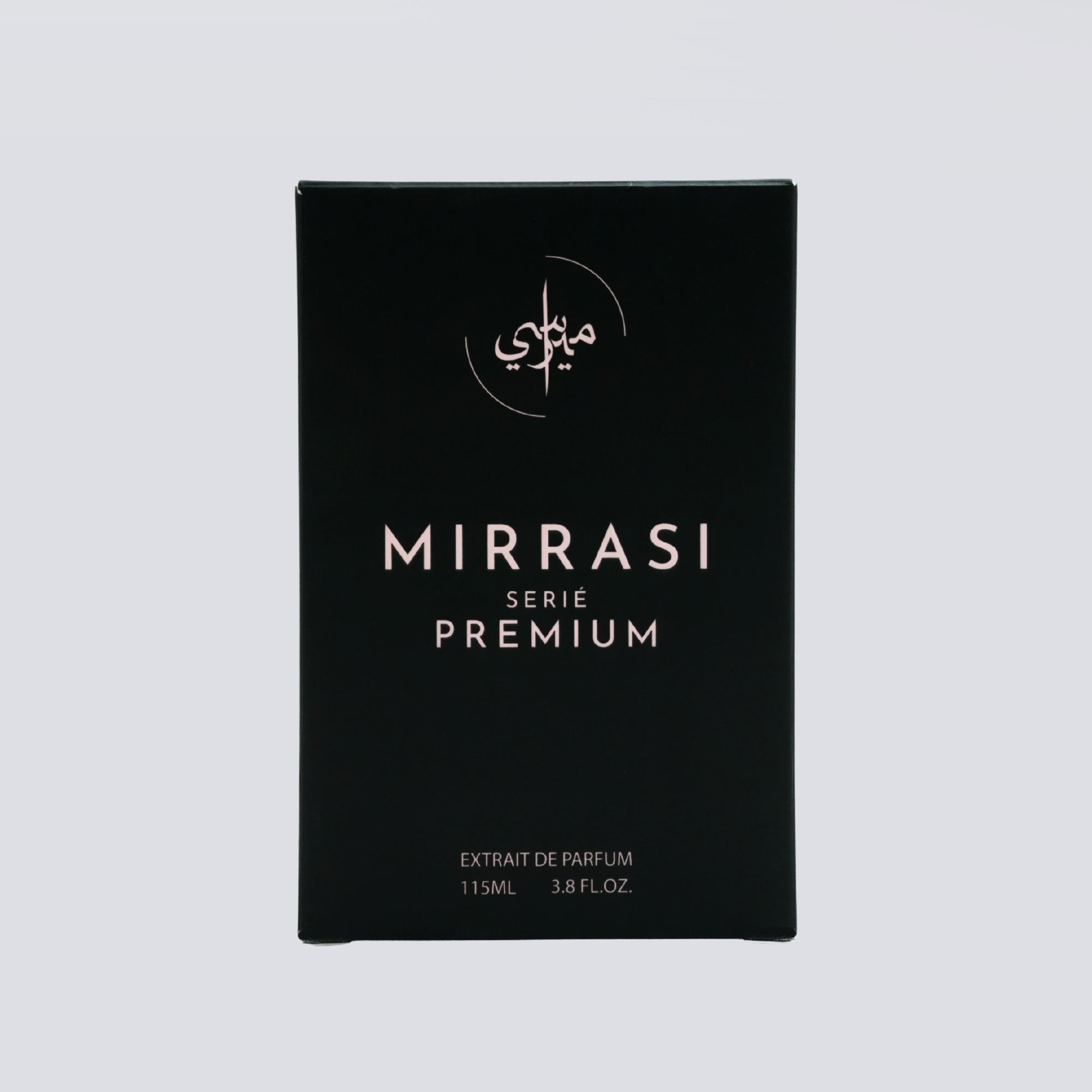 Black box of Mirrasi Serie Premium perfume extract on a light gray background