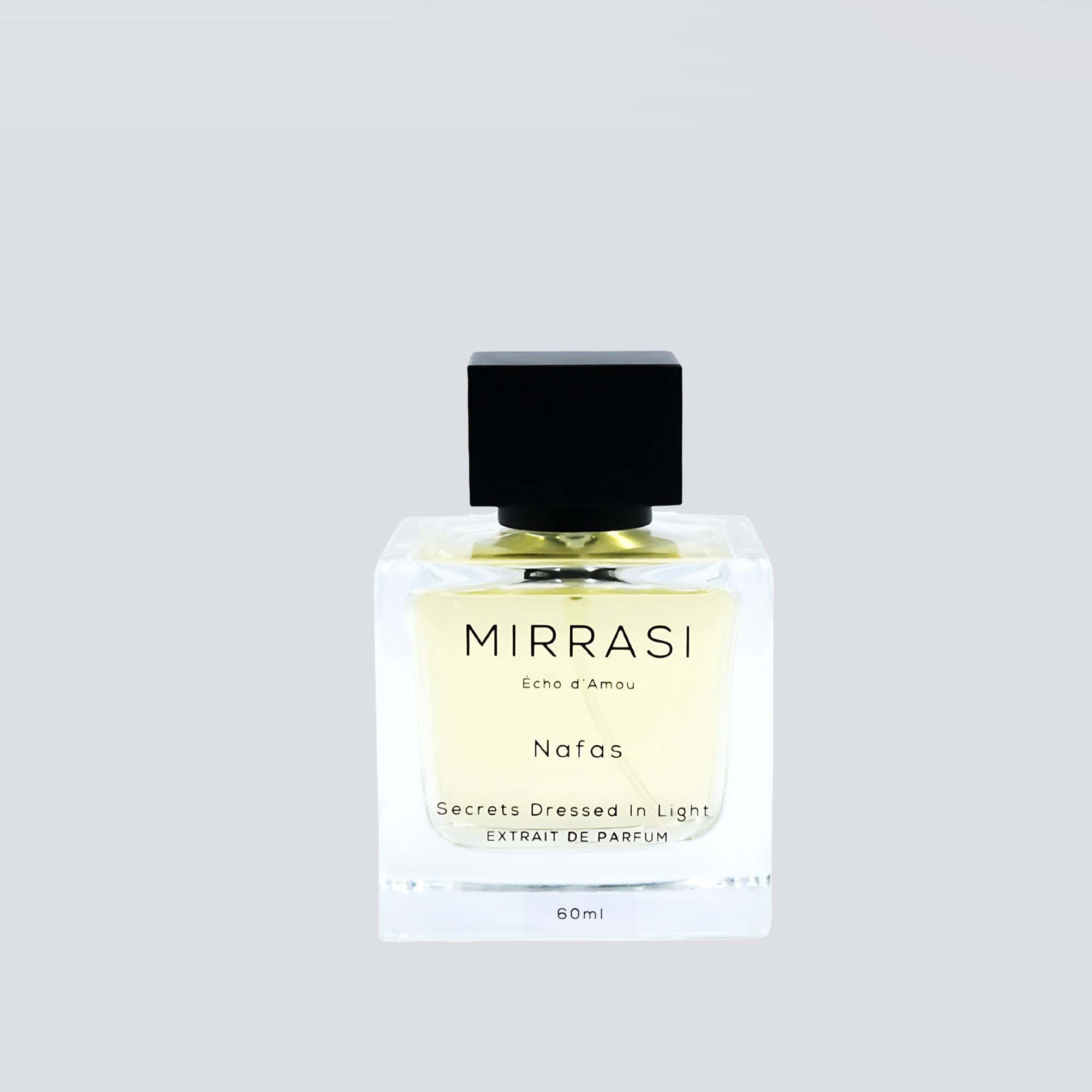 Perfume bottle with 'Mirrasi' label on a light gray background
